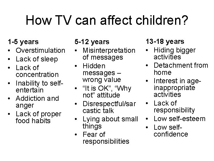 How TV can affect children? 1 -5 years • Overstimulation • Lack of sleep