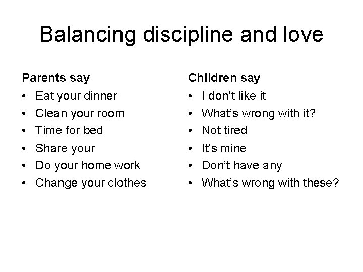 Balancing discipline and love Parents say Children say • • • Eat your dinner