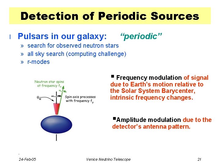 Detection of Periodic Sources l Pulsars in our galaxy: “periodic” » search for observed
