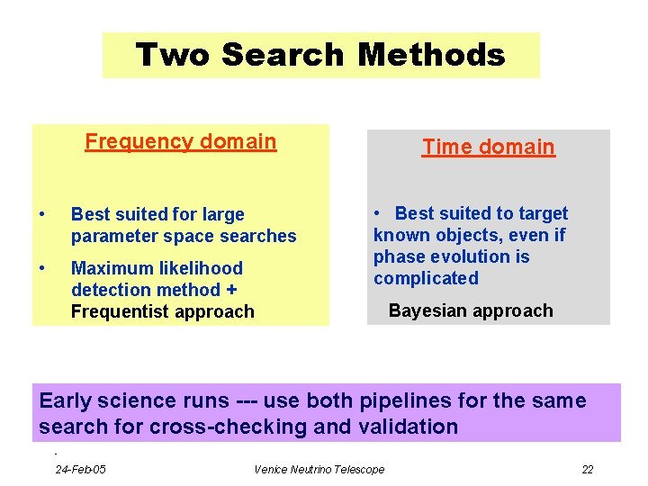 Two Search Methods Frequency domain • Best suited for large parameter space searches •