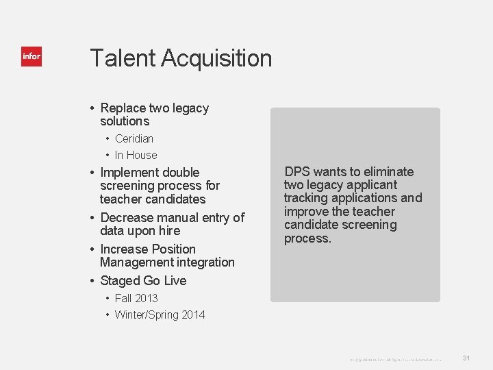 Talent Acquisition • Replace two legacy solutions • Ceridian • In House • Implement