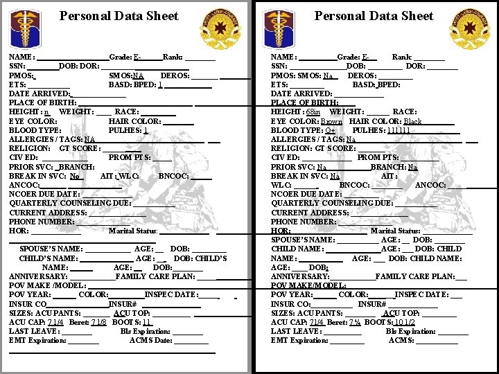 Personal Data Sheet NAME: ____ Grade: ERank: ____ SSN: DOB: DOR: _____ PMOS: SMOS: