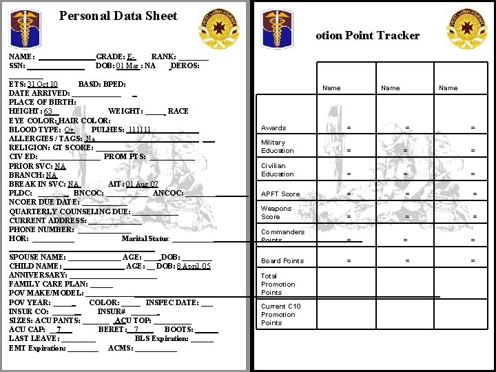 Personal Data Sheet otion Point Tracker NAME: ________GRADE: E- RANK: ____ SSN: ________ DOB:
