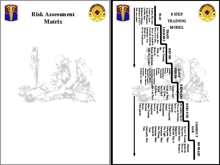 TRAINING Training Objectives Soldiers to Trainers/Evaluators Land/Facilities Equipment/Supplies References & TTP’s Risk Assessment PLAN