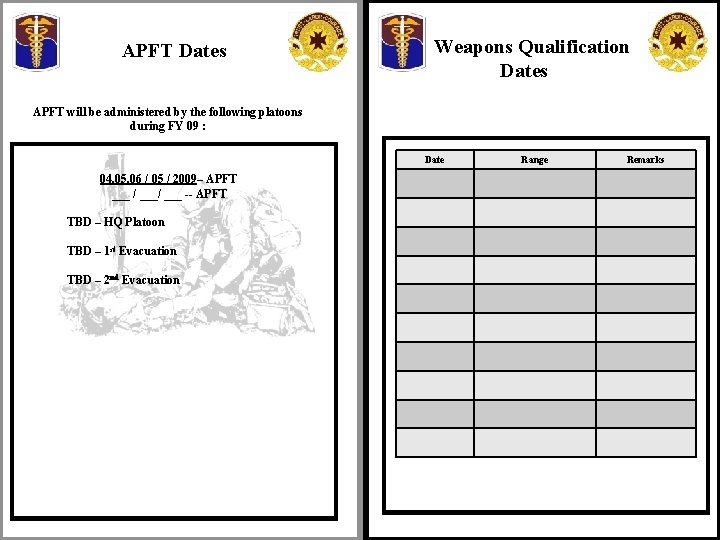 APFT Dates Weapons Qualification Dates APFT will be administered by the following platoons during