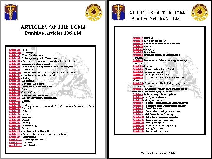 ARTICLES OF THE UCMJ Punitive Articles 77 -105 ARTICLES OF THE UCMJ Punitive Articles