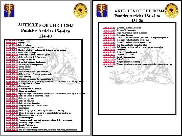 ARTICLES OF THE UCMJ Punitive Articles 134 -4 to 134 -40 Article 134 -4