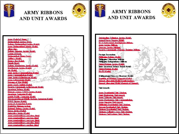 ARMY RIBBONS AND UNIT AWARDS Army Medal of Honor: Distinguished Service Cross: Defense Distinguished