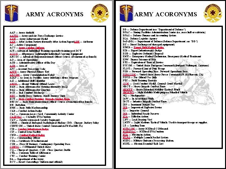 ARMY ACRONYMS AAF — Army Airfield AAFES — Army and Air Force Exchange Service