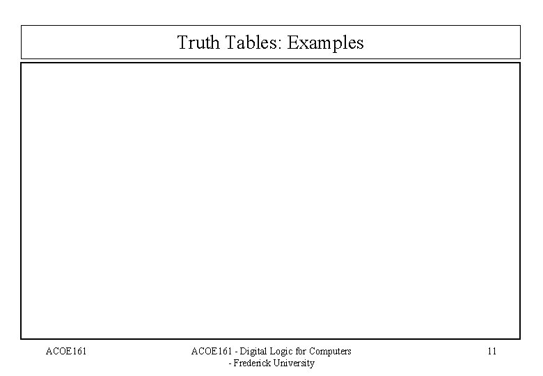 Truth Tables: Examples ACOE 161 - Digital Logic for Computers - Frederick University 11