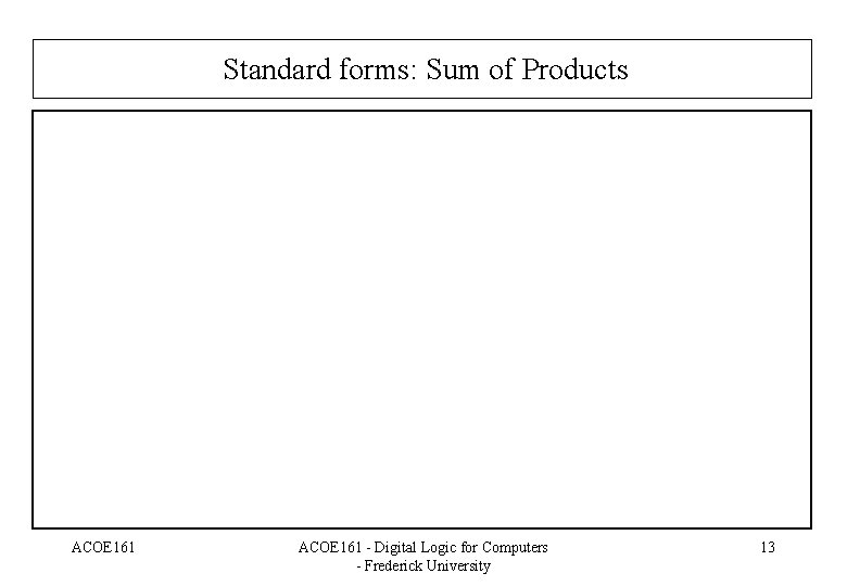 Standard forms: Sum of Products ACOE 161 - Digital Logic for Computers - Frederick