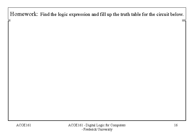 Homework: Find the logic expression and fill up the truth table for the circuit