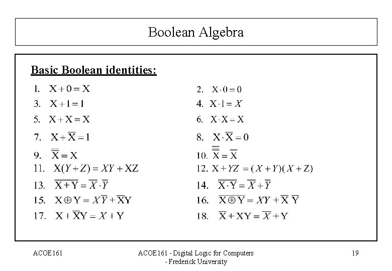 Boolean Algebra Basic Boolean identities: ACOE 161 - Digital Logic for Computers - Frederick