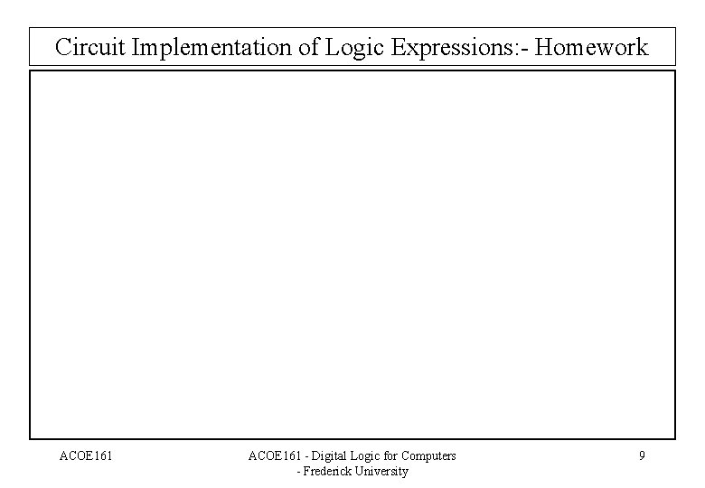 Circuit Implementation of Logic Expressions: - Homework ACOE 161 - Digital Logic for Computers