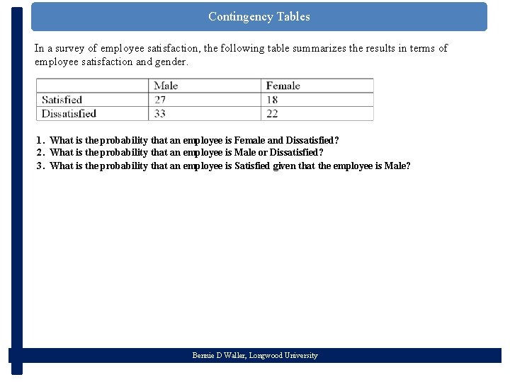 Contingency Tables In a survey of employee satisfaction, the following table summarizes the results