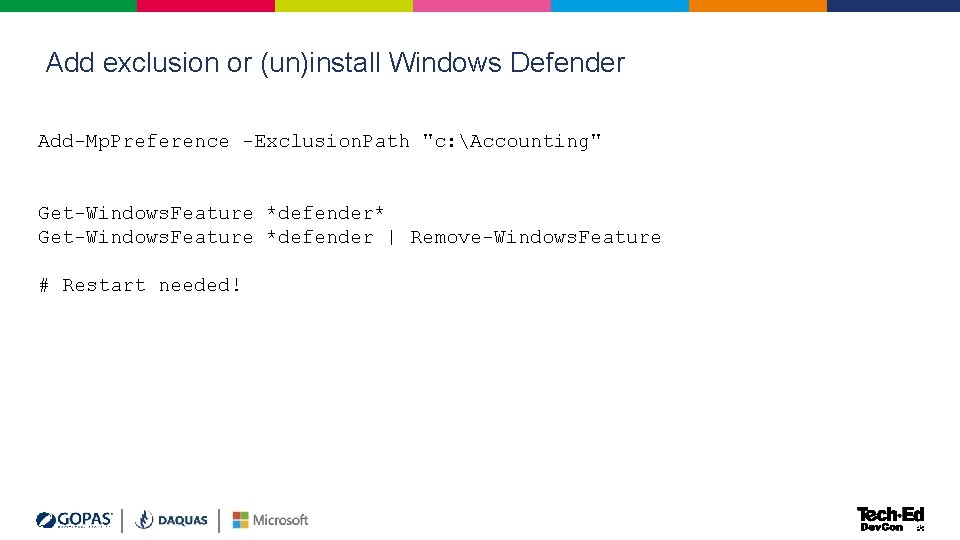 Add exclusion or (un)install Windows Defender Add-Mp. Preference -Exclusion. Path "c: Accounting" Get-Windows. Feature Add exclusion or (un)install Windows Defender Add-Mp. Preference -Exclusion. Path "c: Accounting" Get-Windows. Feature
