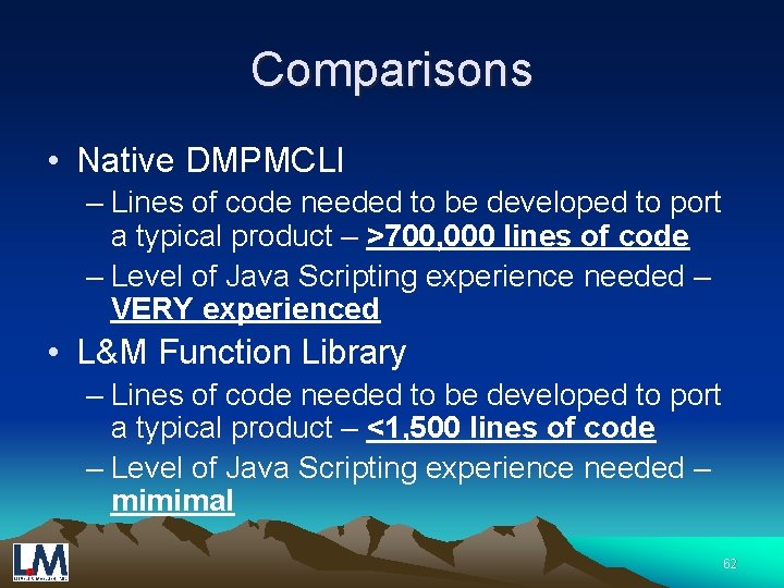 Comparisons • Native DMPMCLI – Lines of code needed to be developed to port