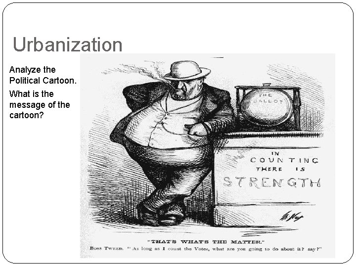 Urbanization Analyze the Political Cartoon. What is the message of the cartoon? 