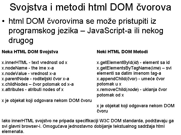 Svojstva i metodi html DOM čvorova • html DOM čvorovima se može pristupiti iz