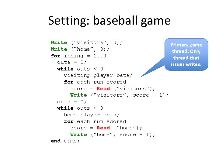 Setting: baseball game Write (“visitors”, 0); Primary game Write (“home”, 0); thread. Only for