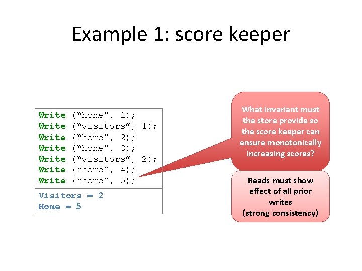 Example 1: score keeper Write Write (“home”, 1); (“visitors”, 1); (“home”, 2); (“home”, 3);