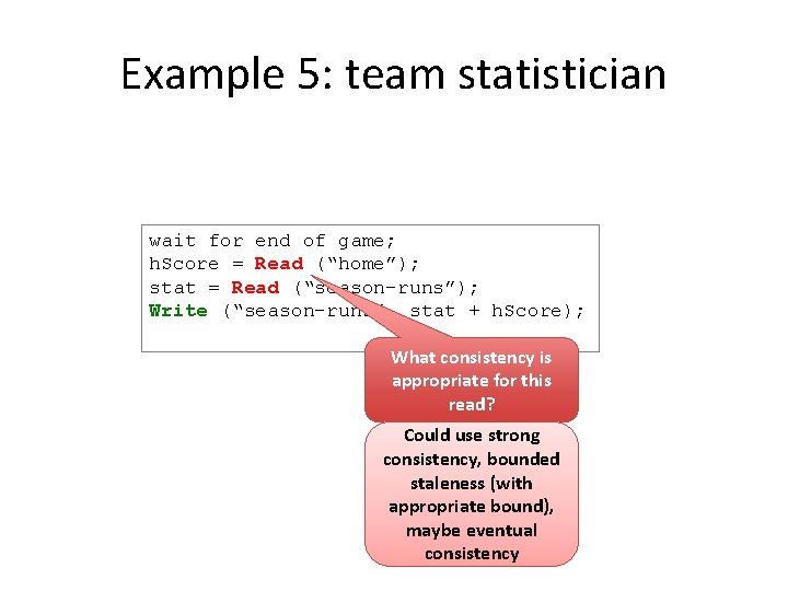 Example 5: team statistician wait for end of game; h. Score = Read (“home”);