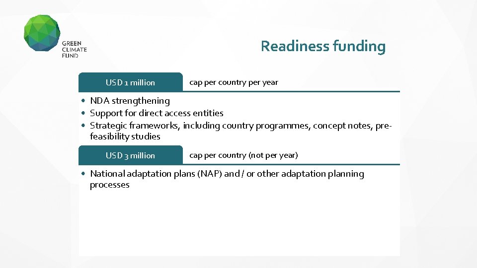 Readiness funding USD 1 million cap per country per year • NDA strengthening •