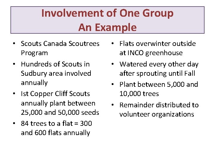 Involvement of One Group An Example • Scouts Canada Scoutrees Program • Hundreds of