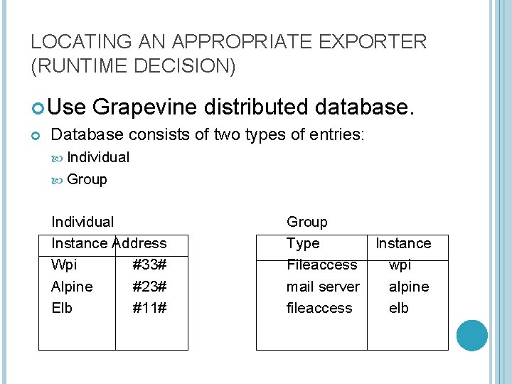 LOCATING AN APPROPRIATE EXPORTER (RUNTIME DECISION) Use Grapevine distributed database. Database consists of two