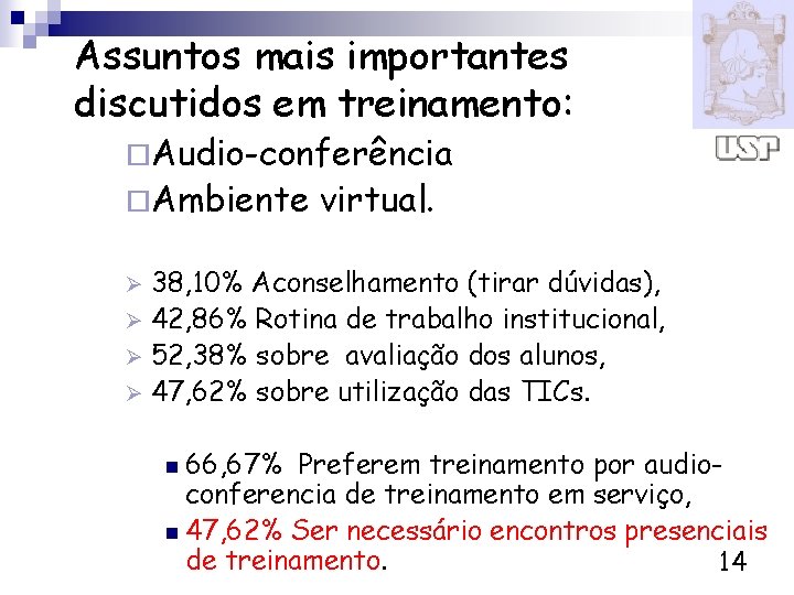 Assuntos mais importantes discutidos em treinamento: ¨Audio-conferência ¨Ambiente virtual. 38, 10% Aconselhamento (tirar dúvidas),