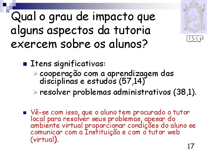 Qual o grau de impacto que alguns aspectos da tutoria exercem sobre os alunos?