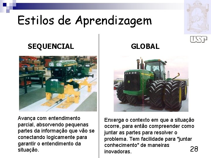 Estilos de Aprendizagem SEQUENCIAL Avança com entendimento parcial, absorvendo pequenas partes da informação que