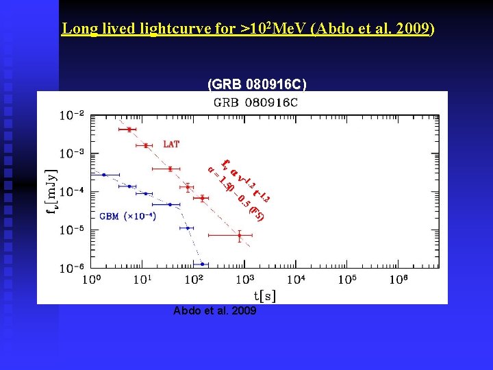 Long lived lightcurve for >102 Me. V (Abdo et al. 2009) (GRB 080916 C)