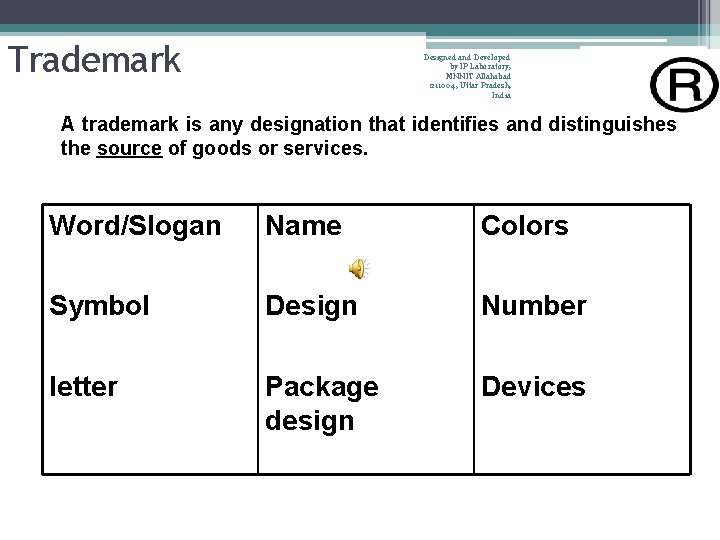 Trademark Designed and Developed by IP Laboratory, MNNIT Allahabad 211004, Uttar Pradesh, India A