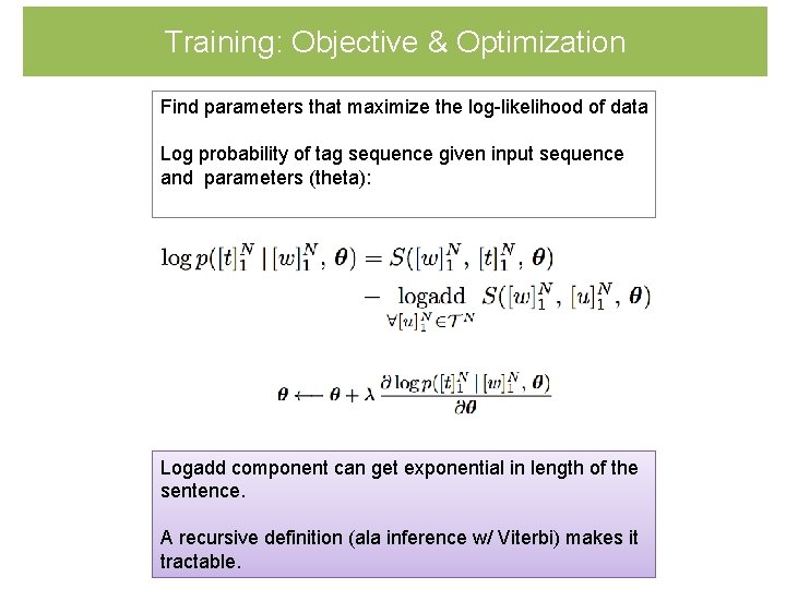 Training: Objective & Optimization Find parameters that maximize the log-likelihood of data Log probability