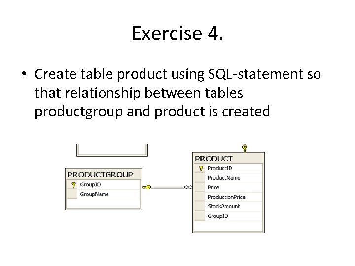 Exercise 4. • Create table product using SQL-statement so that relationship between tables productgroup