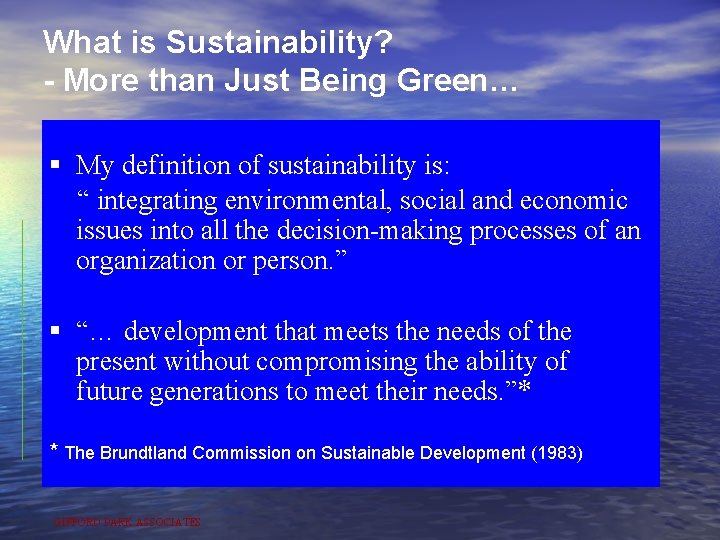 What is Sustainability? - More than Just Being Green… § My definition of sustainability