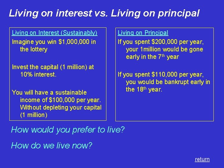 Living on interest vs. Living on principal Living on Interest (Sustainably) Imagine you win