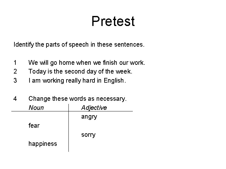 Pretest Identify the parts of speech in these sentences. 1 2 3 We will