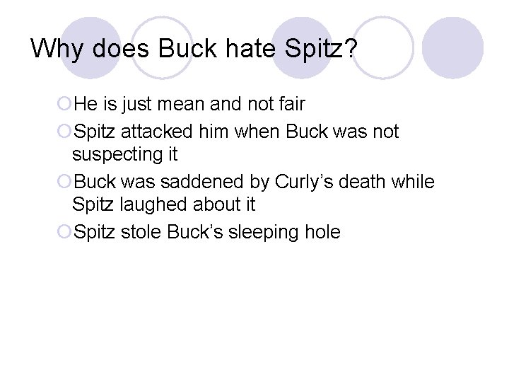 Why does Buck hate Spitz? ¡He is just mean and not fair ¡Spitz attacked