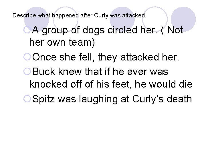 Describe what happened after Curly was attacked. ¡A group of dogs circled her. (