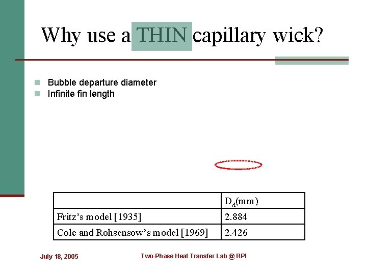 Why use a THIN capillary wick? n Bubble departure diameter n Infinite fin length