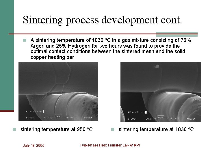 Sintering process development cont. n A sintering temperature of 1030 ºC in a gas