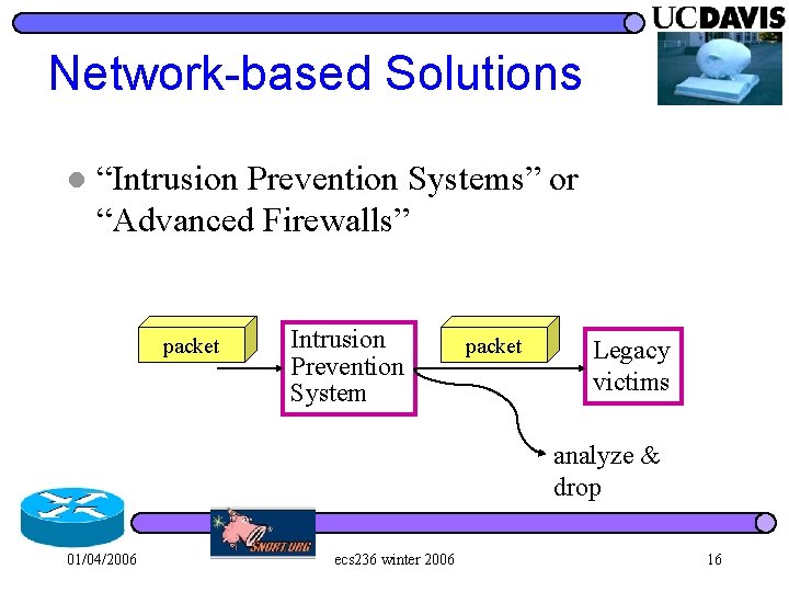 Network-based Solutions l “Intrusion Prevention Systems” or “Advanced Firewalls” packet Intrusion Prevention System packet