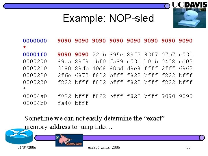 Example: NOP-sled 0000000 9090 9090 * 00001 f 0 9090 22 eb 895 e