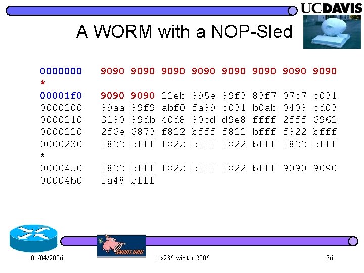 A WORM with a NOP-Sled 0000000 9090 9090 * 00001 f 0 9090 22