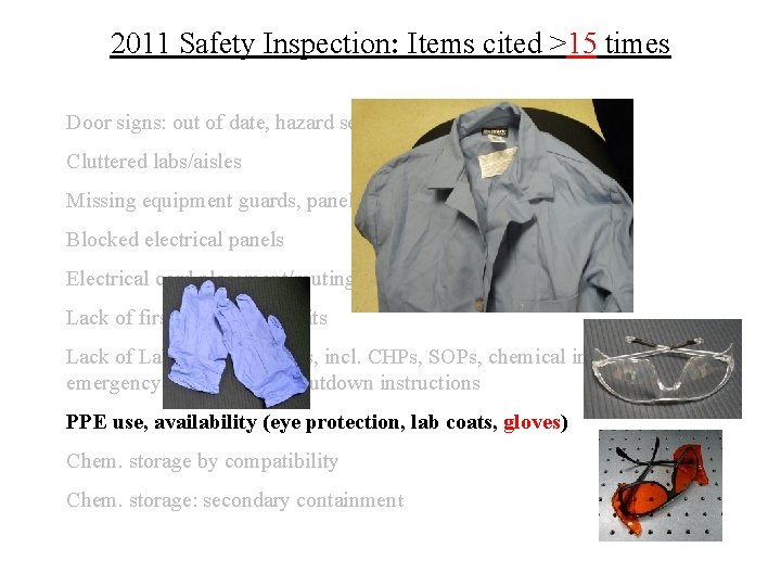 2011 Safety Inspection: Items cited >15 times Door signs: out of date, hazard sections
