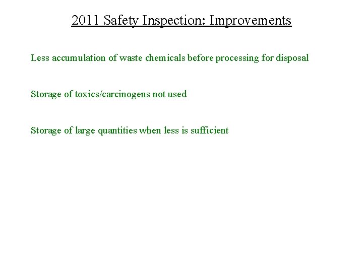 2011 Safety Inspection: Improvements Less accumulation of waste chemicals before processing for disposal Storage
