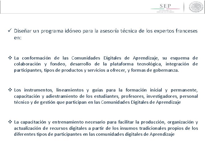 ü Diseñar un programa idóneo para la asesoría técnica de los expertos franceses en: