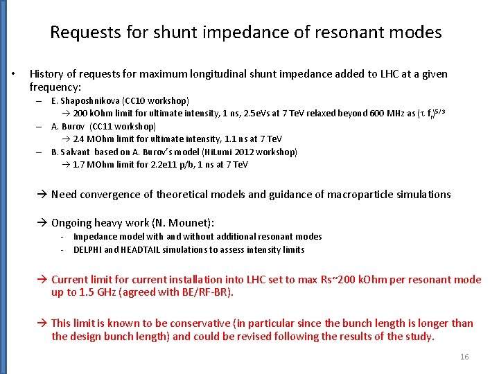 Requests for shunt impedance of resonant modes • History of requests for maximum longitudinal